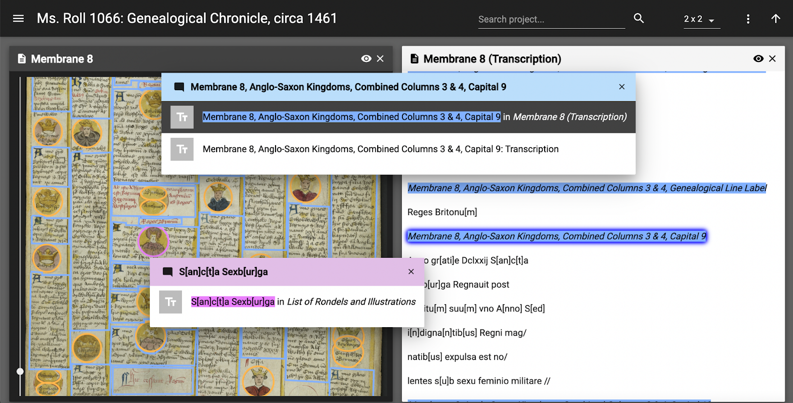 Example of selecting a paragraph and image from the manuscript to show their transcriptions.