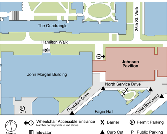 Holman accessible entrance map. The entrance is on the west end of the Johnson Pavilion, north of the gallery that joins Johnson and the John Morgan Building
