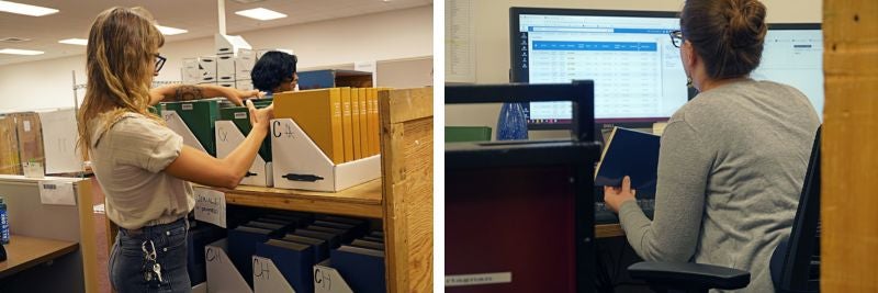 L: cataloger takes books from a crate. R: cataloger enters data into a computer system.