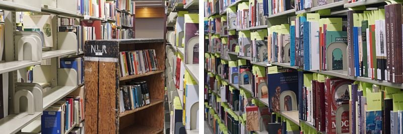 Left: a crate of books in the stacks. Right: shelves of books, some of which are marked with bright yellow sheets of paper