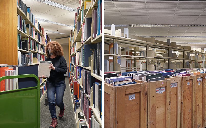 Left: a staff member moves books from shelves to a rolling cart. Right: a row of crates in the foreground; empty shelves in the background.