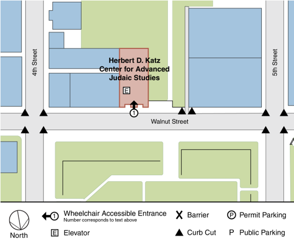 Walnut Street between 4th and 5th Streets: Map detail: Katz main entrance is accessible