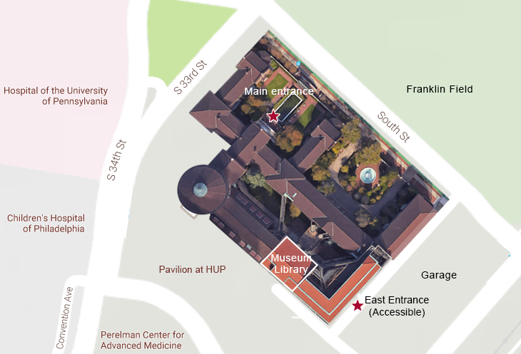 Museum on campus map, showing location of accessible east entrance 
