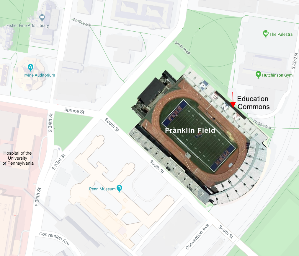 Campus map showing Franklin Field and the entrance to Education Commons