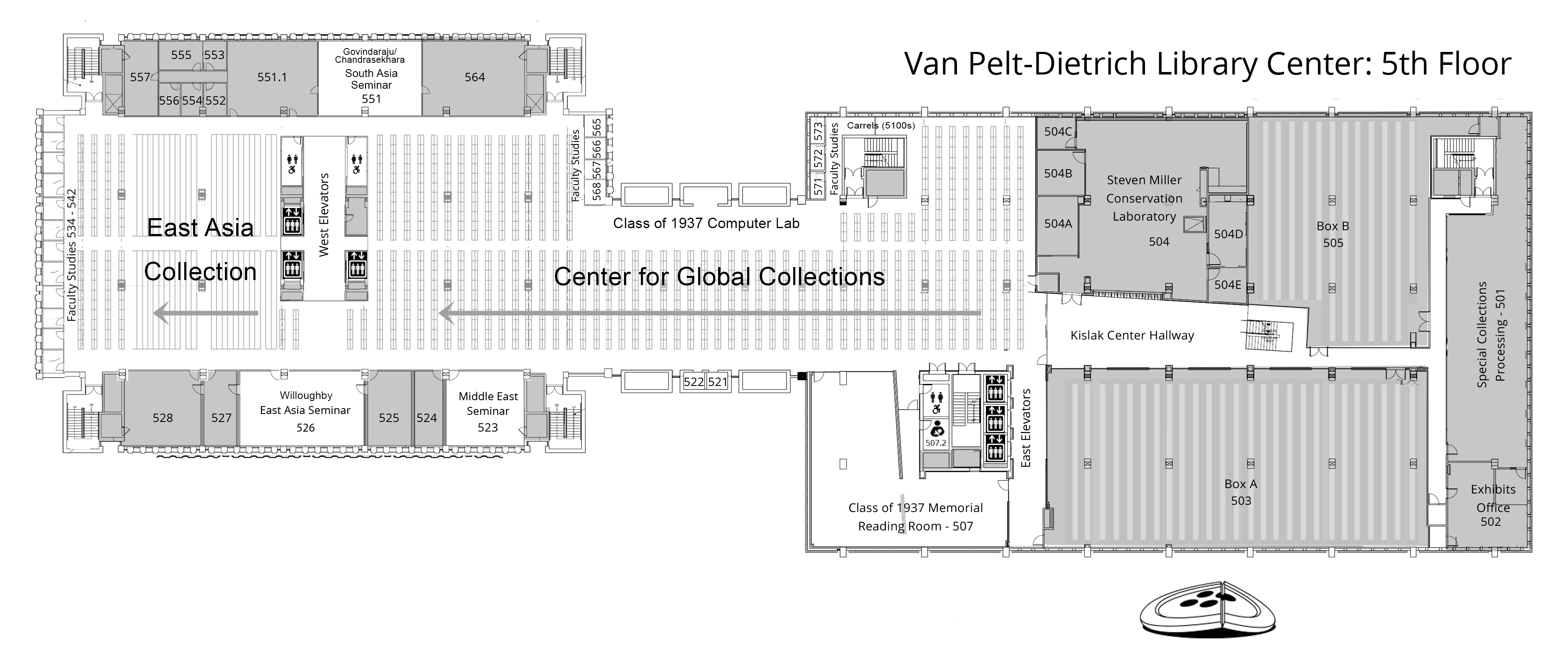 fifth floor plan, Van Pelt-Dietrich Library Center. Full description is linked below.