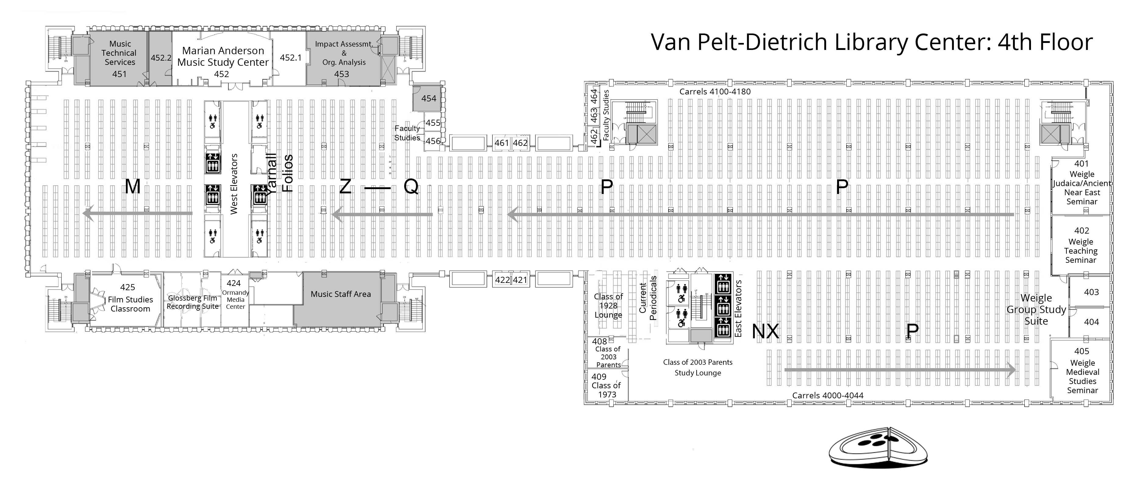 fourth floor plan, Van Pelt-Dietrich Library Center. Full description is linked below.